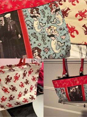 Canvas Redwith 🦞🧜‍♀️Nautical .. Tote Bag with sailors with Mermaid Print panel